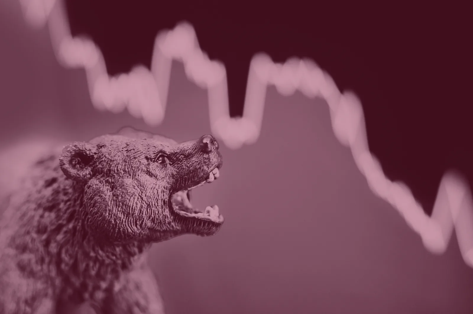 Red-tinted image of a roaring bear in front of a falling market chart.