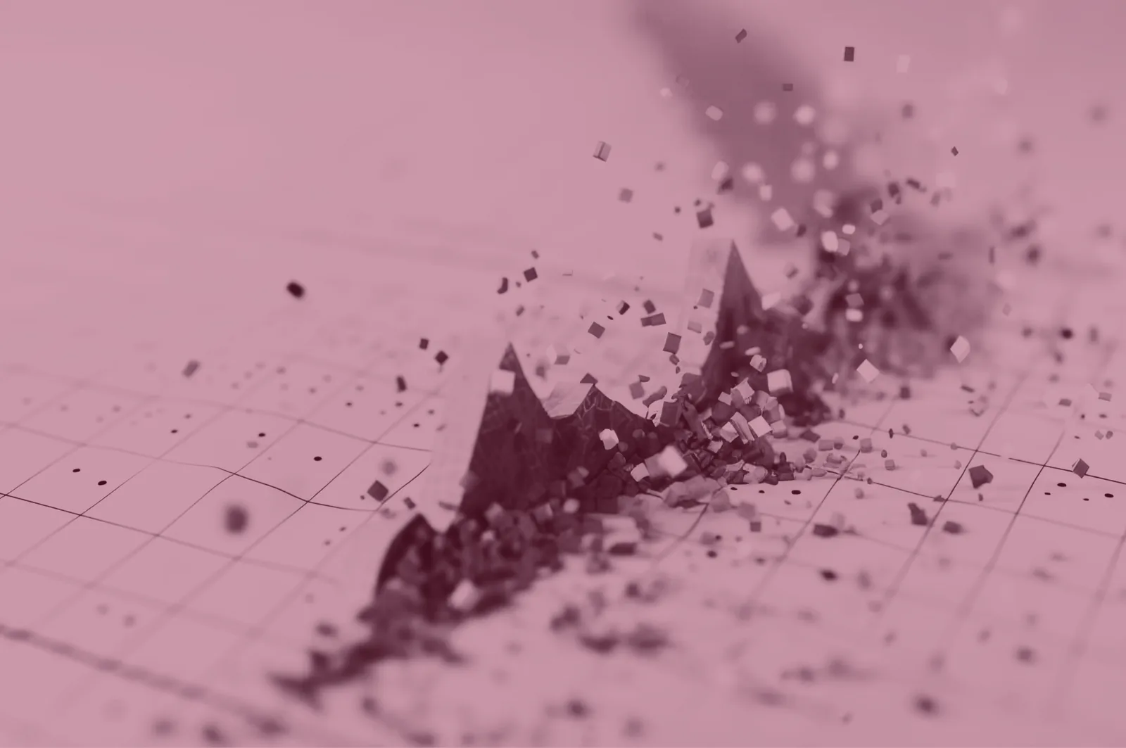 Red-tinted abstract image of a financial chart breaking apart into particles.