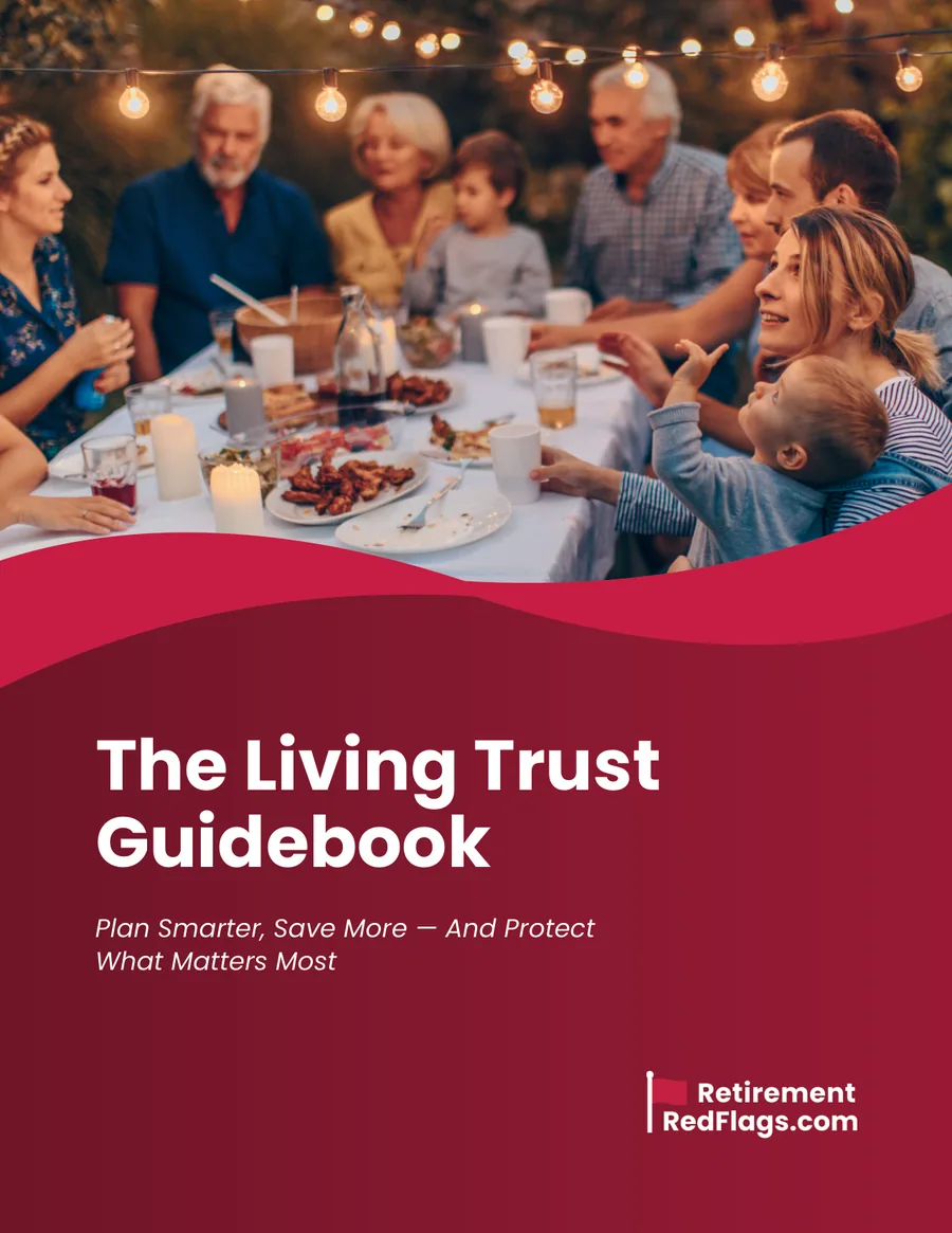 Cover of The Living Trust Guidebook, showing a multigenerational family sharing a meal outdoors.