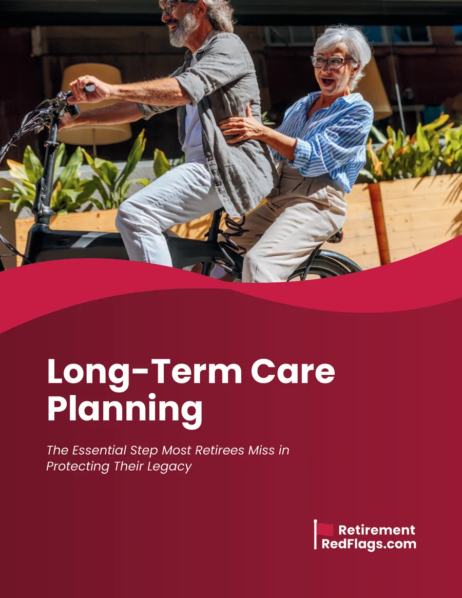 Cover of the Long-Term Care Planning guide, showing a retired couple riding bicycles together.