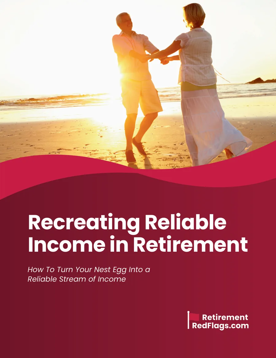 Cover of the guide Recreating Reliable Income in Retirement, showing a retired couple dancing on a beach at sunset.
