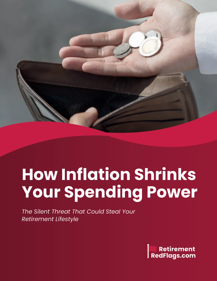 Cover of the guide How Inflation Shrinks Your Spending Power, showing a hand holding a few coins over an empty wallet.