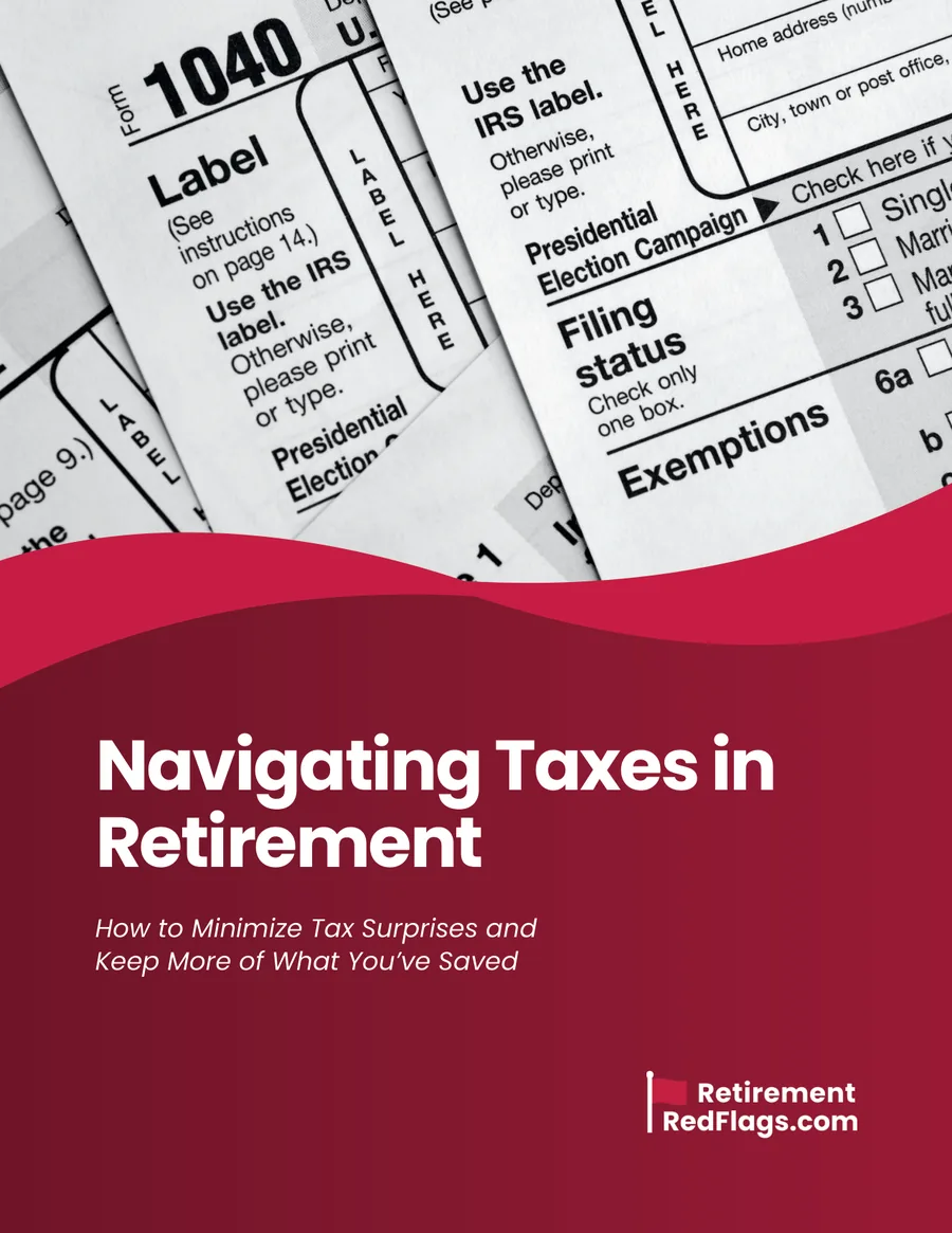 Cover of the guide Navigating Taxes in Retirement, showing tax forms.