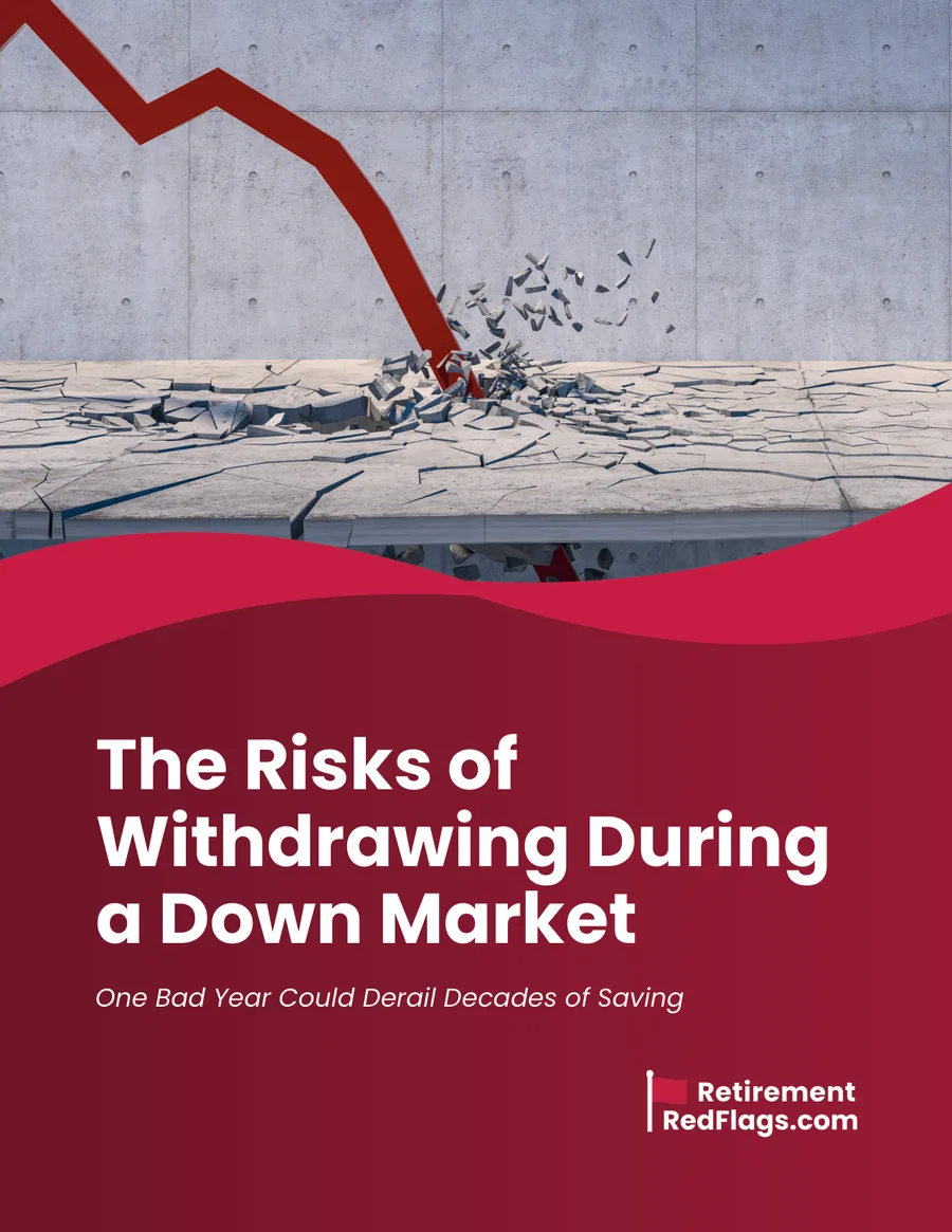 Cover of the guide The Risks of Withdrawing During a Down Market, showing a falling red market chart.